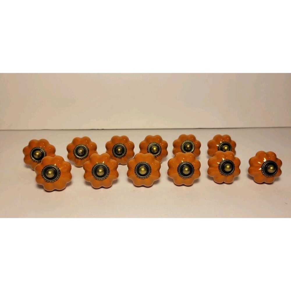 12 Ceramic Orange Pumpkin Shaped Drawer Pulls Hardware Set Kitchen Bedroom